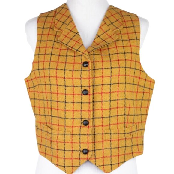 Vintage 90s GAP Mustard Plaid Wool Vest Unisex Medium Holiday Waistcoat - Picture 5 of 16
